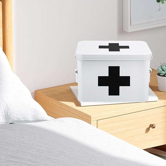 Flexzion First Aid Medicine Box Supplies Kit Organizer - Empty 8" White Metal Tin Medic Storage Bin Hard Case with Removable Tray Gold Cross, Vintage Antique Boxes for Home Family Emergency Tool Set