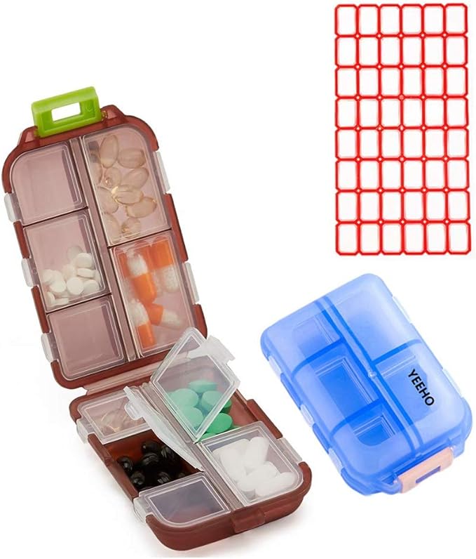 Pill Case (2 Pack) - Portable Small Supplements Tablet Container Box with 10 Compartments - Medicine Vitamin Organizer Dispenser Holder Storage for Travel Trip Pocket Purse(Blue+Chocolate)