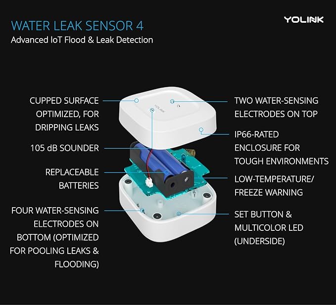 YoLink Water Leak Detector 4 with 105dB Audio Alarm, Freeze Warning, App Push, Email Alerts and Limited Text - Smart Water Sensor Alarm w/ Alexa, IFTTT - 1/4 Mile Long Range, Hub Required