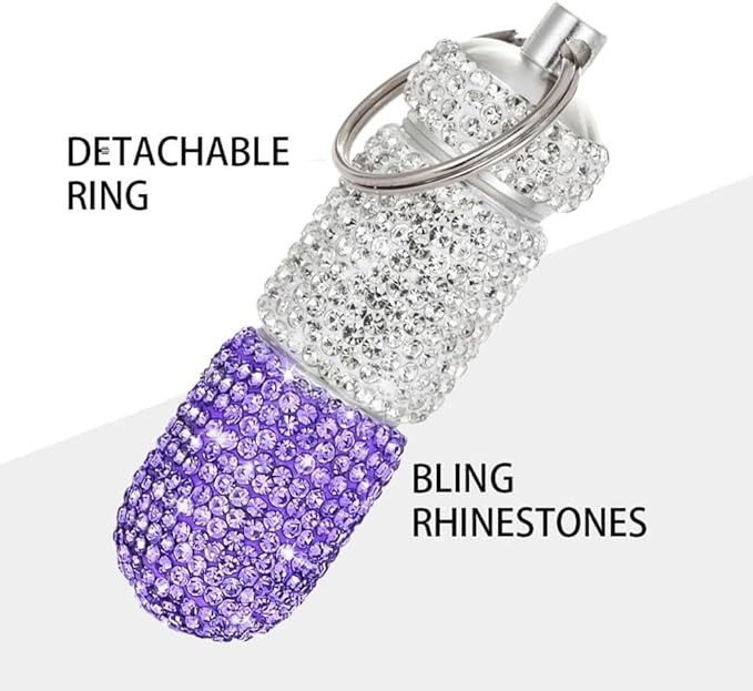 Bling Pill Case Portable Travel Pill Container Bottle Rhinestone Waterproof Small Pill Holder with Keychain Cute Mini Pill Storage Box (white purple)