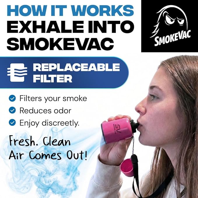 SmokeVac Handheld Personal Air Filter with 4-Layer Filtration & One-Way Check Valve – Portable Smoke Eraser & Odor Eliminator for Home, Car, Travel & Events (Pink)