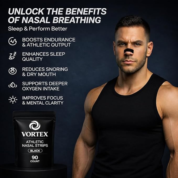 Nose Strips for Breathing with Extra-Strength Tension Core (90 Count) - Oil & Sweat Proof Adhesive - Athletic Nasal Strips for Snoring & Sleeping - Black, Wide, Universal Fit