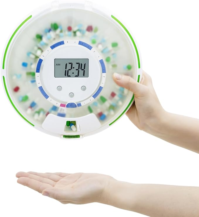 Automatic Pill Dispenser，Lock 28-Day Medication Organizer, Up to 6 Doses Per Day, 6 Dosage Templates, Sound & Light Alerts & Key for Vitamins, Supplements (Frosted Lid)