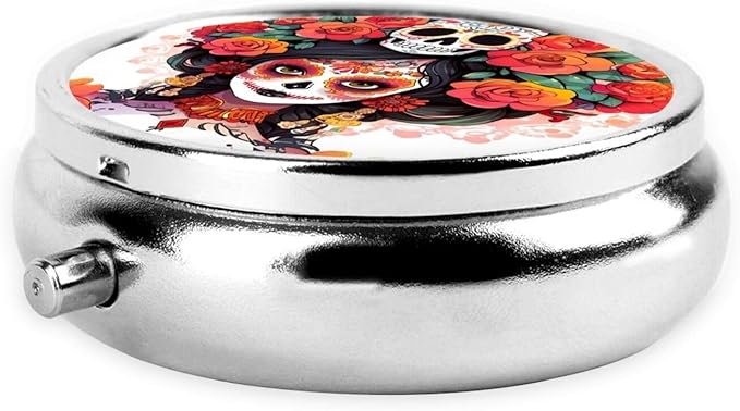 Mexican Style Women Skull Pill Box 3 Compartment Pill Case, Portable Medicine Pill Organizer for Pocket Purse Pill Box Decorative Metal Medicine Vitamin Organizer