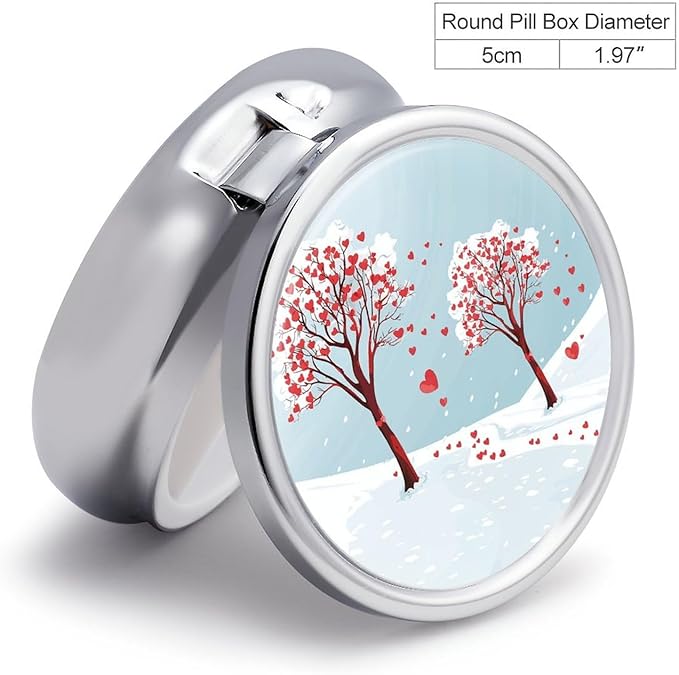 Heart Shaped Leaf Tree Pill Box Travel Pill Case for Purse Pocket Weekly Medicine Organizer with Mirror 3 Compartment Round Medicine Case Portable PillcaseHolder for Daily