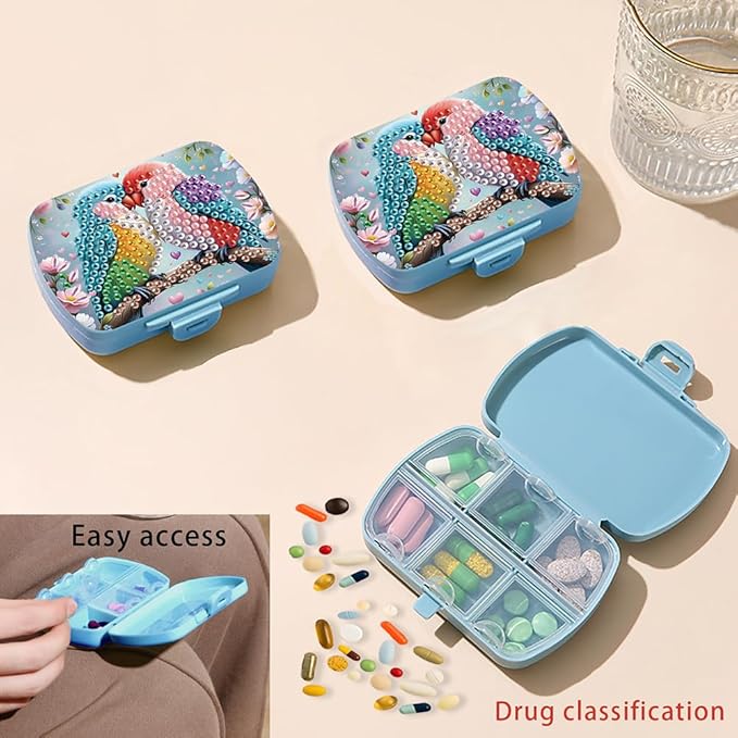 C'eitura DIY 2 Parrots Diamond Art Painting Blue Pill Organizer with 6 Lid Detachable Compartments, Fun DIY Craft Project for Adults, Elegant Pill Case for Purse & Travel