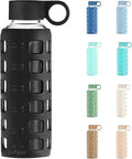 purifyou 40oz / 32oz / 22oz / 12oz Borosilicate Glass Water Bottle with Time & Volume Markers, Silicone Sleeve, Stainless Steel Lid | Reusable Glass Bottle for Water & Juice (12oz Jet Black)