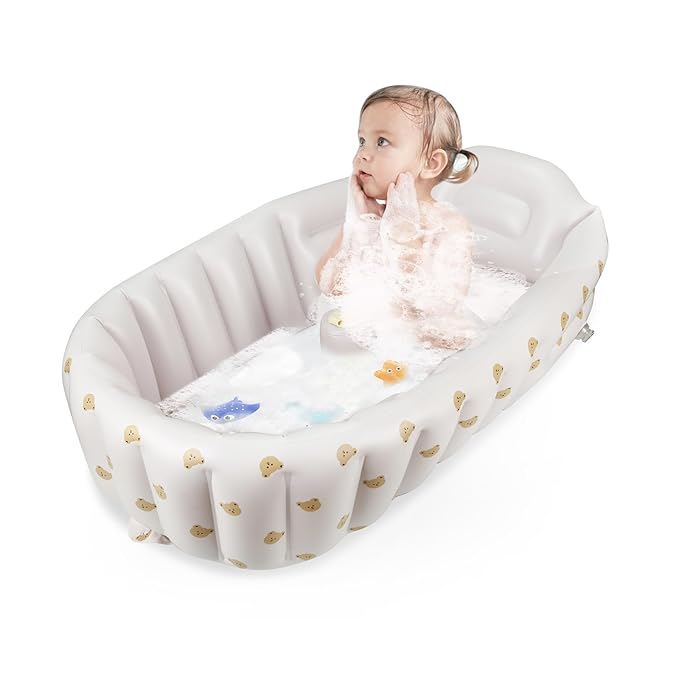 PandaEar Inflatable Baby Bathtub with Integrated Built-in Air Pump - No External Pump Needed, Non-Slip Portable Toddler Bath Tub, Travel-Friendly Foldable Infant Tub for Newborns to 24 Months（Bears）