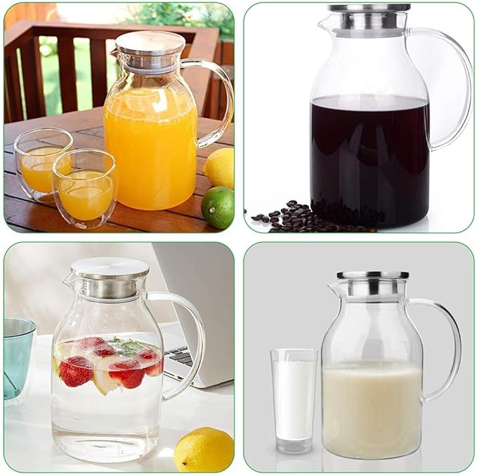 68OZ Glass Pitcher with Lid and Spout - High Heat Resistance Pitcher for Hot/Cold Water & Iced Tea (2.0L)
