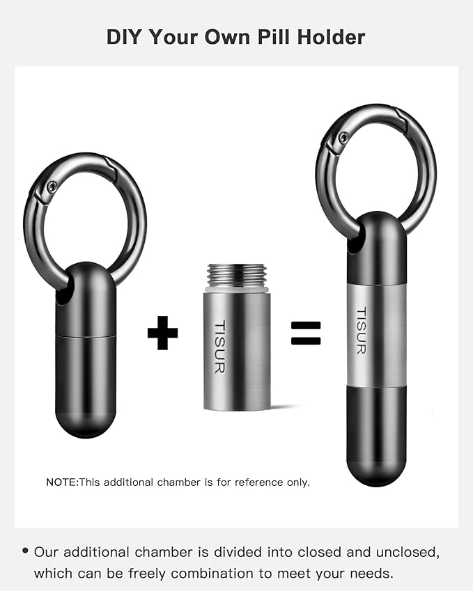 TISUR Tiny Keychain Pill Holder, Titanium Pill Case Waterproof Pill Fob for Travel Purse Pocket,Mini Pill Organizer Black