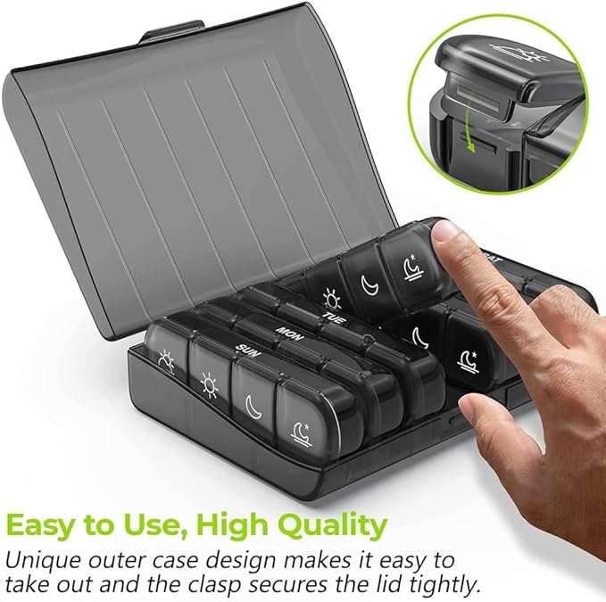 Weekly Pill Organizer 4 Times a Day, Travel Essentials 7 Day Morning and Night Pill Box, Black Daily Am Pm Pill Case for Medication, Vitamins, Fish Oils, Supplements