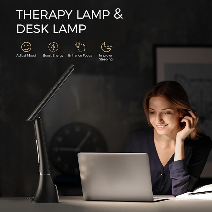 Light Therapy Lamp, 10000 LUX UV-Free LED Sunlight Light, Full Spectrum Mood Light, Touch Control Desk Lamp with Night Light Function Work Office Home -Black