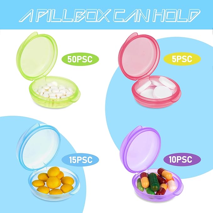4Pcs Small Pill Box Cute Portable Pill Case Travel Pills Organizer Case Medicine Dispenser Earplug Container Vitamin Holder Liver Oil Storage Case for Women Men Pocket Purse Briefcase