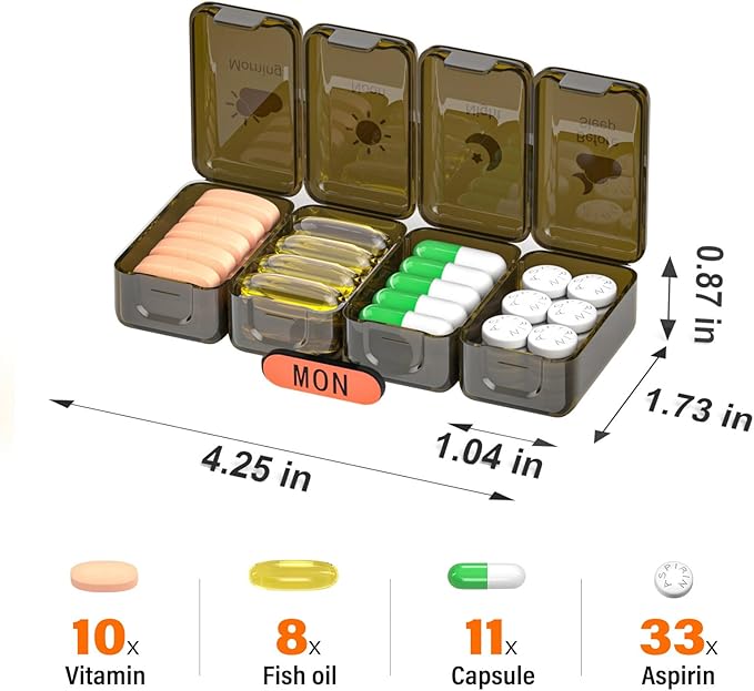 Weekly Pill Organizer 4 Times a Day, Large Compartments Pill Box 4X 7 Day, Medicine Organizer Pill Case for Pills/Vitamins/Fish Oils/Medication/Supplements (Brown)