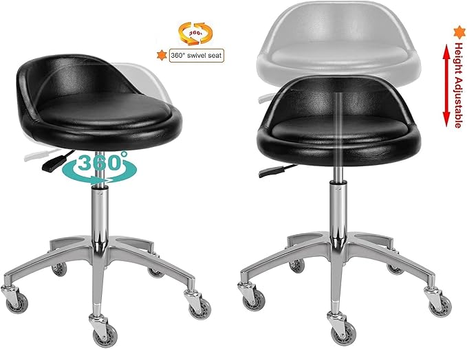 Rolling Salon Stool Chair with Back Support - Height Adjustable Hydraulic Stool with Wheels - Heavy Duty Swivel Stools 400lb Capacity for Home Salon Facial Spa Massage Clinic and Work Bench (Black)