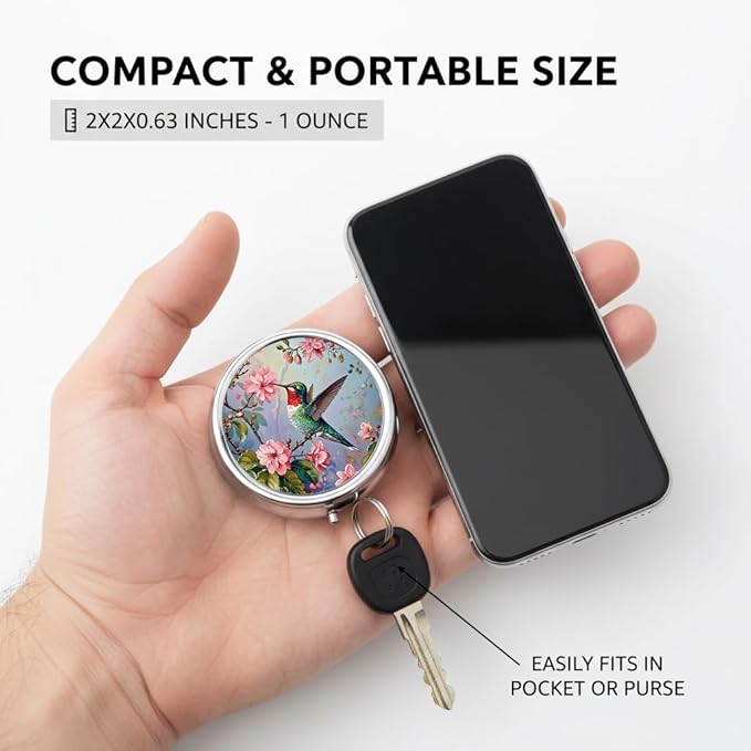 Hummingbird Pill Box 3 Compartment Small Pill Case,Portable for Pocket or Purse Pill Organizer Pill Container Holder with Mirror to Hold Vitamins, Medication, Fish Oil and Supplements