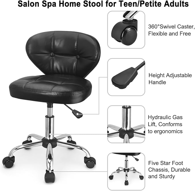 JOSTZHXIN Home Rolling Stool, PU Leather Rolling Chair with Back, Height Adjustable Swivel Chair for Teen Petite Adults,Black
