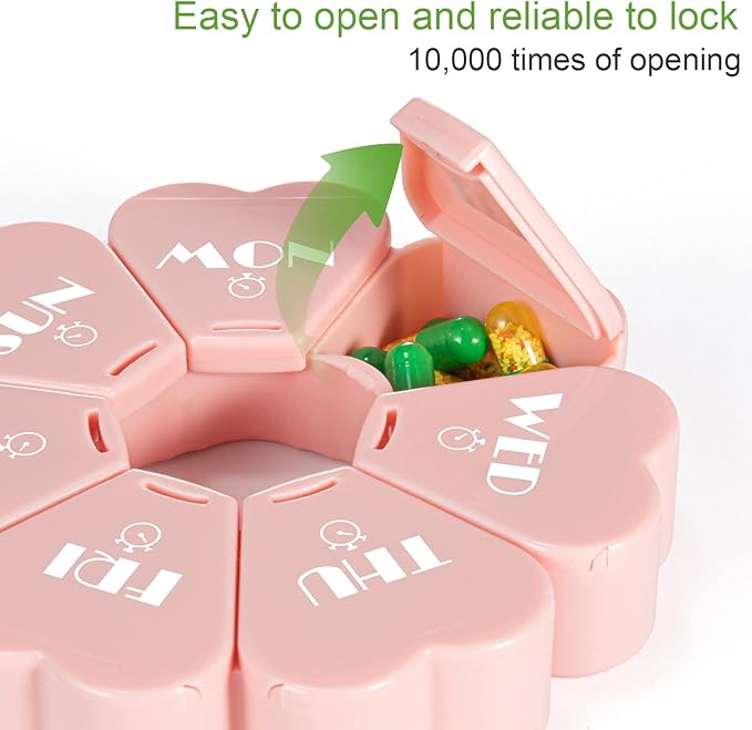 Upgrade Weekly Pill Organizer, Mooyue Travel Medicine Organizer Large Compartments Arthritis Friendly, Cute Pill Box 7 Day, Daily Pill Box Organizer for Vitamins, Fish Oils(Pink-White Letter)