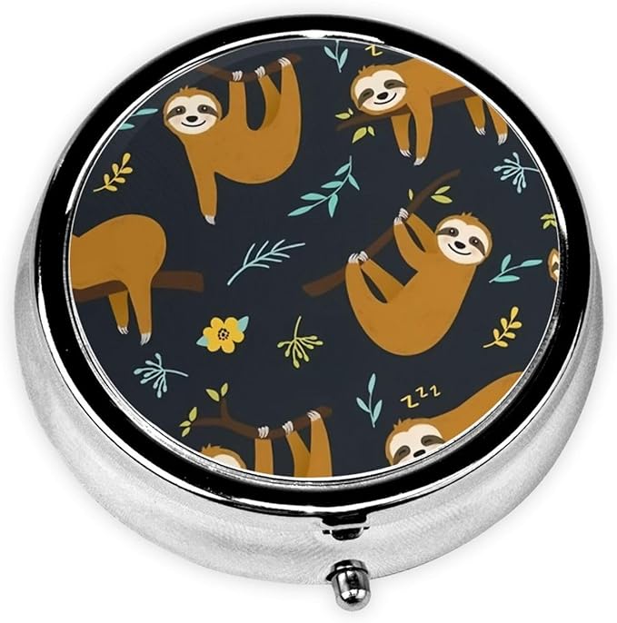 Metal Silver 3 Compartment Pill Box Pocket Portable Mini Travel Pill Case Small Round Decorative Medicine Box Vitamin Pill Organizer with Sloth