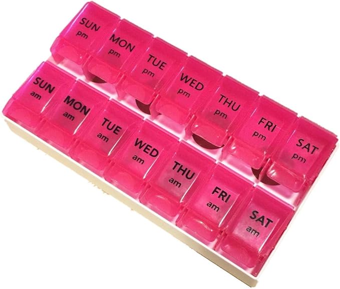Apex 7- Day Push to Open Pill Organizer, 1x Per Day or AM/PM (AM/PM with Tray, Berry (Pink))