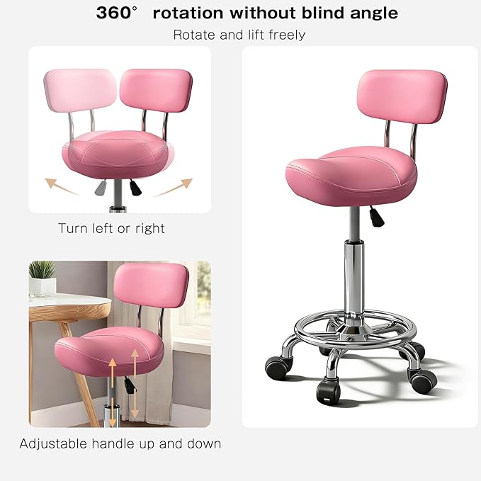 Saddle Stool with Ring Pedal and Back, Adjustable Hydraulic Rolling Chair with Wheels for Medical, Massage, Salon, Spa, Kitchen, and Drafting Use