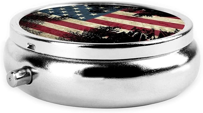 Metal Pill Organizer Travel Friendly Portable Compact Pill Box Cute Pill Case to Hold 3 Compartments (American Eagle Art USA Flag)