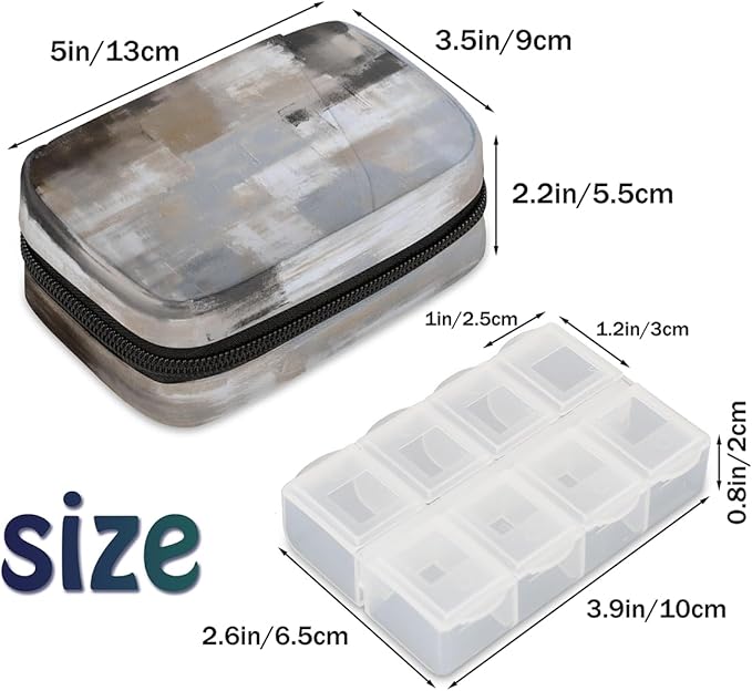 Abstract Retro Gray Art Travel Pill Organizer Box Weekly Portable Pill Case Daily Pills 7 Day Small Birth Control Pills Container Removable Compartments for Medicine Vitamins Fish Oil