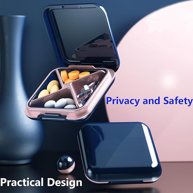 Small Pill Box Waterproof Travel Pill Case Portable Daily Pill Container Pill Holder Purse 4 Compartments Pocket Compact Medicine Organizer for Vitamin,Fish Oils,Supplements,Medication (Blue)