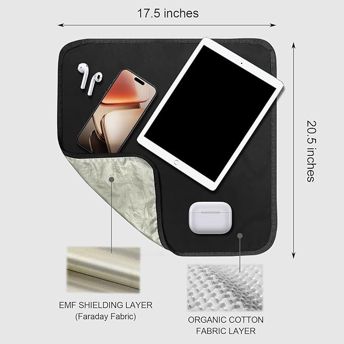 Faraday Blanket: Protection Against Direct Contact from WiFi, Protection Blanket for Cell Phone, Tablet, Electronics (20.5" x 17.5"), Black