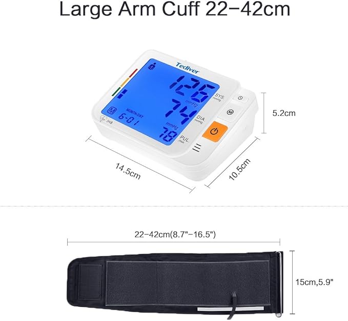 Digital Blood Pressure Monitor, Large Cuff 0.7-1.3 Feet, Electric Upper Arm Blood Pressure Machine with Electric Powered Charger and Device Case, Backlight LCD Screen, 2 Year Warranty
