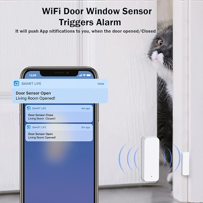 WiFi Door Sensor Window Detector: Smart Window Contact Sensor, Wireless Magnetic Door Open Detector with Free Notification Alerts, Compatible with Alexa Google Assistant (4-Pack)