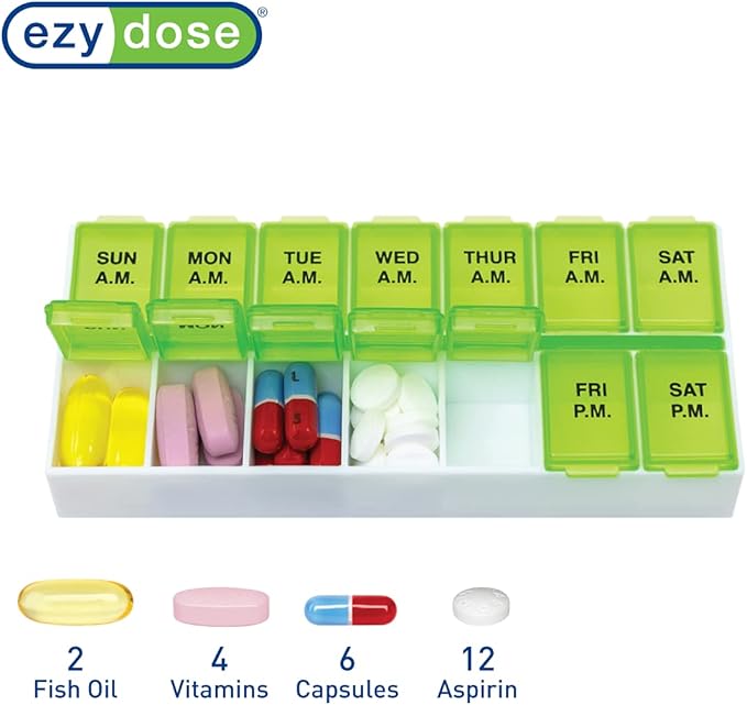Ezy Dose Weekly (7-Day) AM/PM Pill Organizer, Vitamin Case, and Medicine Box, Medium Compartments, 2 Times a Day, Green, 67375GAMT (Pack of 2)