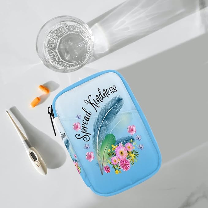 Blue Feather Flower Pill Case Travel Pill Organizer Weekly 7 Day Portable with Zipper Medicine Box Pill Case for Vitamins, Birth Control,Fish Oils,Medication, Supplements