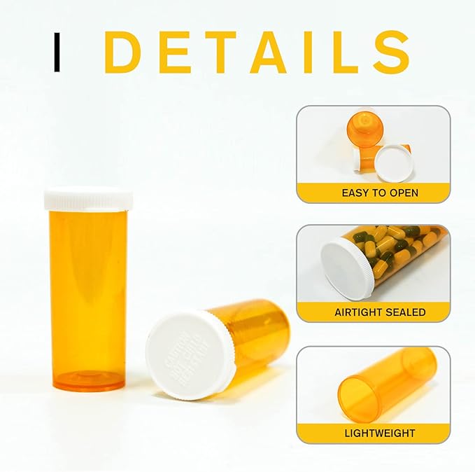 Medicine Bottles Snap Cap Prescription Vials, Easy Open Pill Organizers, Amber Empty with Plastic Caps (8 dram, 12pcs)