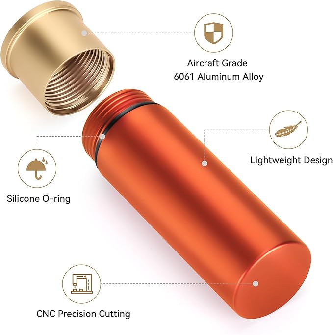 Tactical Mini Pill Case, Durable Metal Small Pill Holder for Pocket or Purse, Waterproof Medicine Bottle for Travel, EDC, Outdoors - Orange