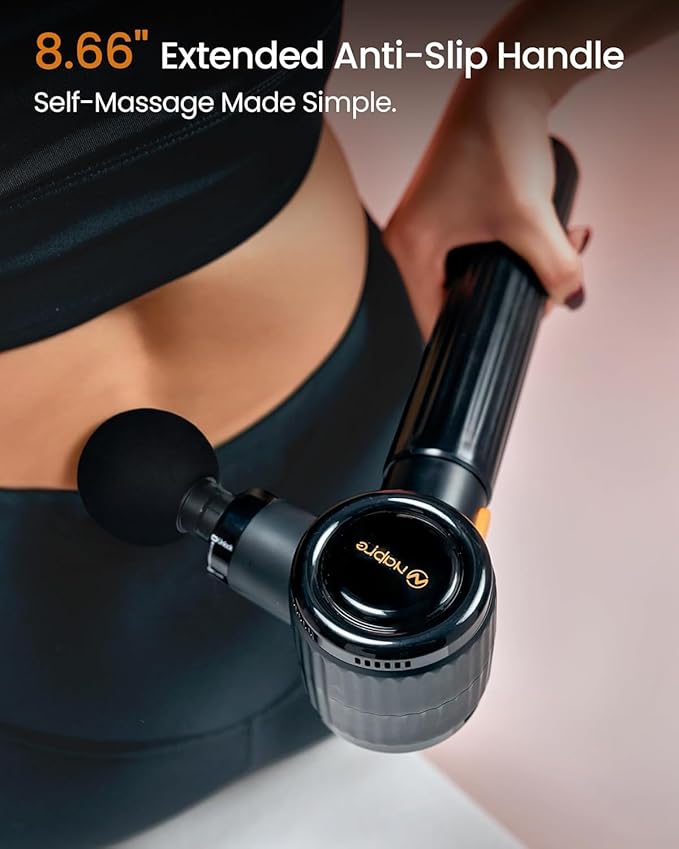 NAPRE Handheld Back Massager,Deep Tissue Neck Massager for Shoulders/Waist/Legs/Body Pain Relief,Cordless Percussion Muscle Massage Gun with Extension Handle & 3 Adjustable Angles,6 Heads,Black