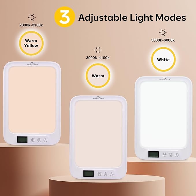 Easy@Home Light Therapy Lamp 10000 Lux: LED Light Therapy Energy Lamp UV-Free | Sun Lamp with 3 Color Adjustable Brightness Levels | Timer Memory Function ELT-492-WT