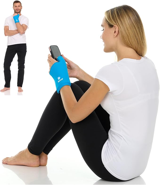 FOMI Wrist Solid Gel Ice Pack | Hot Cold Hand and Thumb Compression Sleeve Wrap for Carpel Tunnel, Arthritis, Tendonitis, Bruises, Swelling, Sports Injuries Pain Relief (Blue - Large/XLarge)