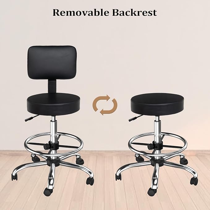 OmySalon Drafting Chair,Ergonomic Office Desk Chair with Back Support,Tall Adjustable Rolling Stool with Footrest & Thick Seat Cushion,Computer Chair for Salon Medical Spa Home Bar Kitchen, Black
