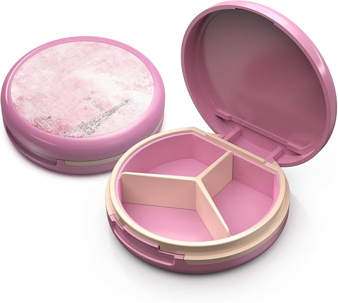 Serfeymi Small Pill Case for Purse, Unique Artistic Patterns Travel Pill Box with 3 Compartments, Portable Mini Pill Organizer for Pocket, Decorative Pill Container for Purse - Pink(Tower)