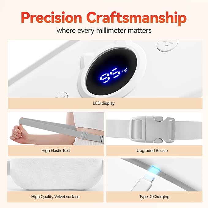 Portable Heating Pad for Period Cramps Relief Vibrating Menstrual Heating Belt for Women, Fast Heat with 7 Heat Levels and 7 Modes for Menstrual, Pain Relief for Back & Stomach - White
