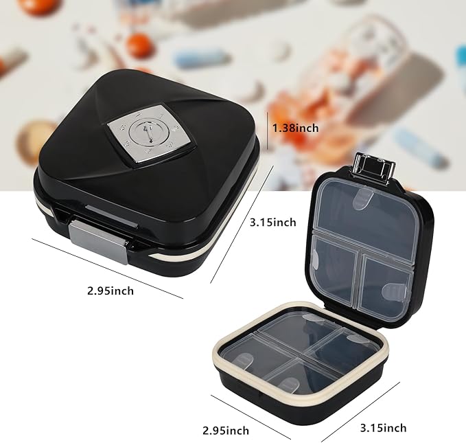 Weekly Pill Organizer, 7 Compartment Travel Pill Case with Rotatable Dose Recorder, Daily Waterproof Airtight Medicine Box for Vitamins & Supplements, Black Small