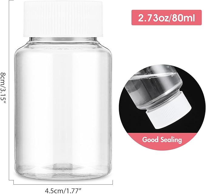 4Pcs Clear Pill Bottles, 80ml Empty Plastic Medicine Bottles, Reagent Bottle with Caps, Small Travel Pill Case, Chemical Containers for Liquid Solid Powder