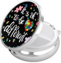Autism Awareness Pill Case, Autistic Pride Pill Box 3 Compartments Metal Small Pill Holder with Mirror Mini Travel Pill Container for Purse Pocket Women Men