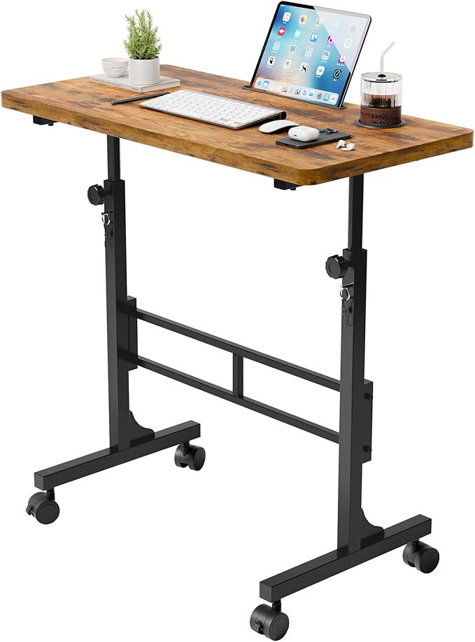 Furmax Small Portable Standing Desk Adjustable Height, Mobile Stand Laptop Computer Workstation with Lockable Wheels for Walking Pad Treadmill (Rustic)