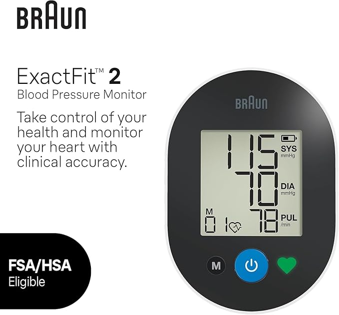Braun ExactFit™ 2 Blood Pressure Monitors for Home Use - Accurate Blood Pressure Machine, Color-Coded Results, Large Display BP Monitor, Universal Upper Arm BP Cuff, 30 Memory Slots
