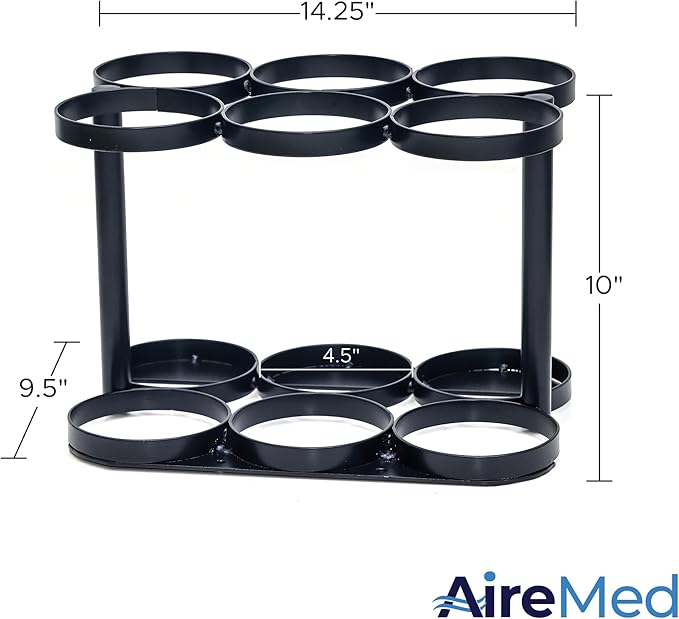 AireMed Oxygen Tank Holder – Holds (6) E, D or M9/C Size Tanks - Heavy-Duty Oxygen Cylinder Rack for Storage and Transportation – Floor Mountable Oxygen Rack – Stylish Black Frame - 4.5" Diameter