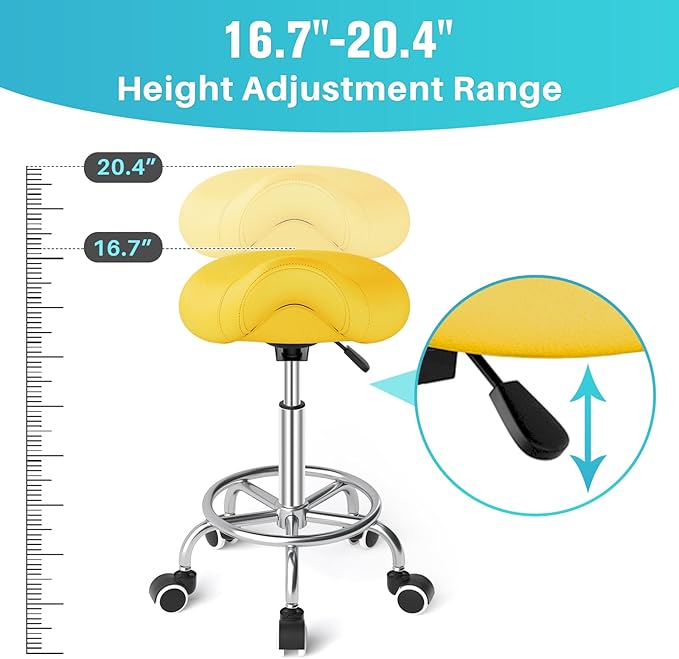 YEEZEE Saddle Stool Ergonomic- Comfortable Rolling Saddle Stool with Wide Thick Saddle Seat Padding, Swivel Adjustable Saddle Chair with Wheels and Ring Pedal for Medical Massage Salon (Yellow)