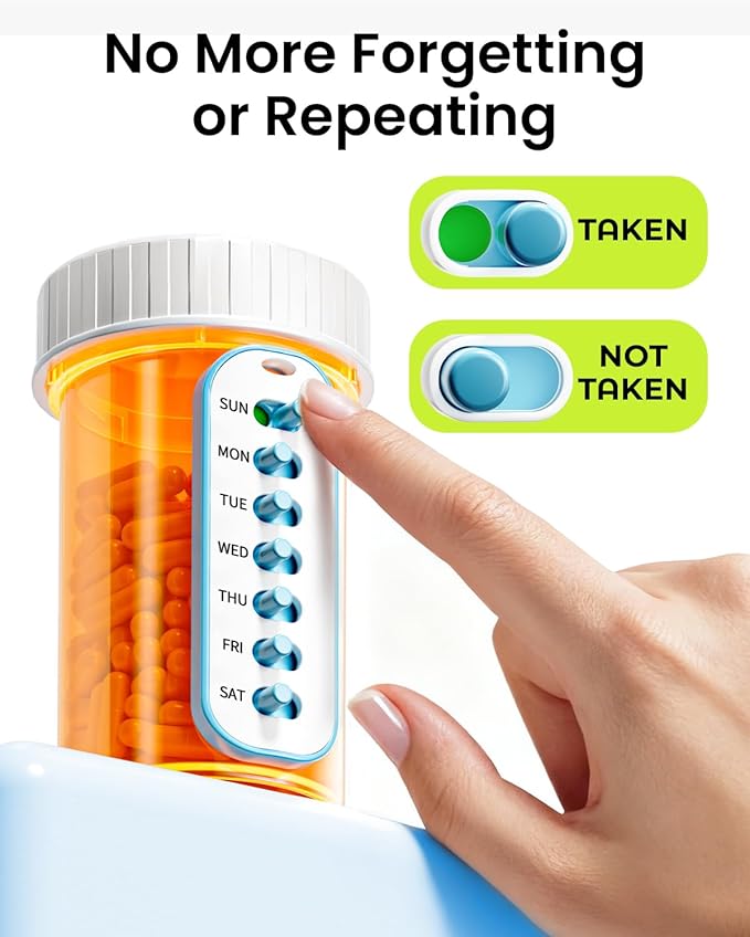 Odaro 2 Pack Pill Reminder, Lanyad or Sticker Pill Tracker, Work with Most Bottles, Reusable Medication Tracker Replacement of Vitamin Weekly (7 Day) Medicine Organizer