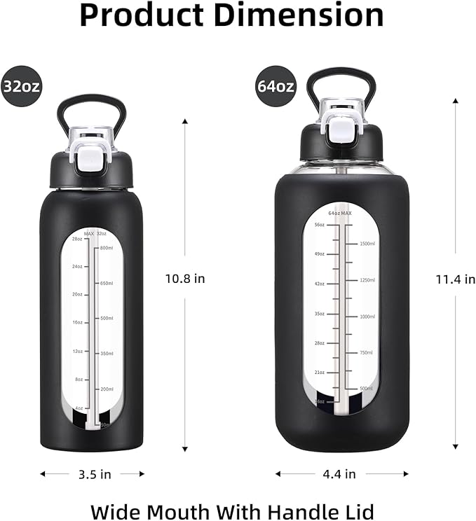 32 oz Glass Water Bolttles with Straw Large Motivational Water Bottle with Time Marker Sports Water Bottles with Silicone Sleeve and Handle Lid Water Jug for Gym Workout